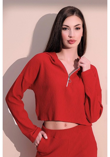 Kadın Kırmızı Uzun Kol Fermuarlı Kapüşonlu Kendinden Desenli Crop Sweatshirt Bluz Kırmızı