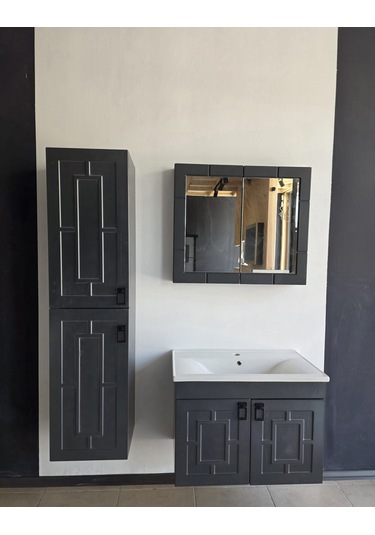 Mr Clk Antrasit Gri 80 Cm Banyo Alt Dolap + Üst Dolap + Yan Boy Dolap +lavabo Antrasit - Gri