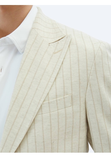 Kip Bej Çizgili Comfort Fit Keten Karışımlı Takım Elbise Bej