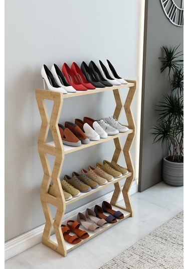 Zühre Safir Meşe -beyaz -4 Raflı Ahşap Ayakkabılık -çok Amaçlı Dekoratif Raf, Organizer Beyaz - Safir Meşe