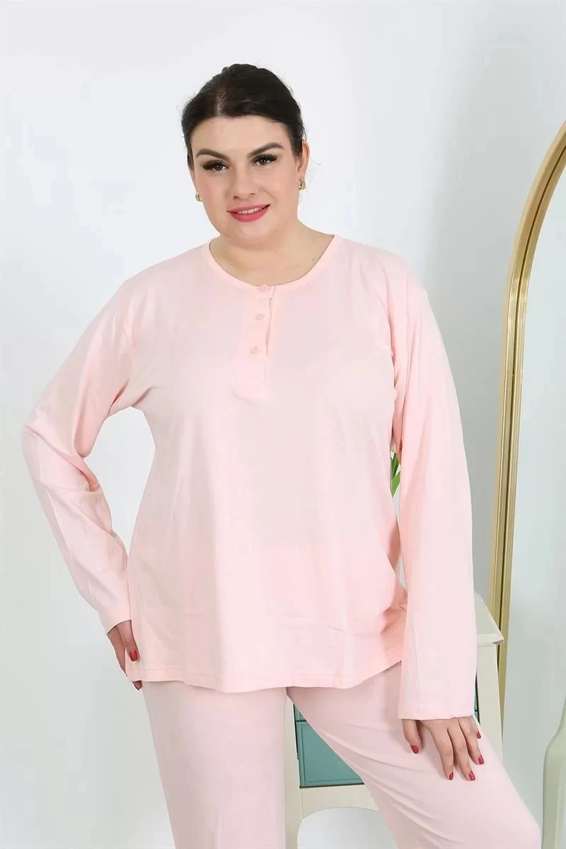 Moda Kadın Büyük Beden Uzun Kol Penye Pijama Takımı Pembe Pembe
