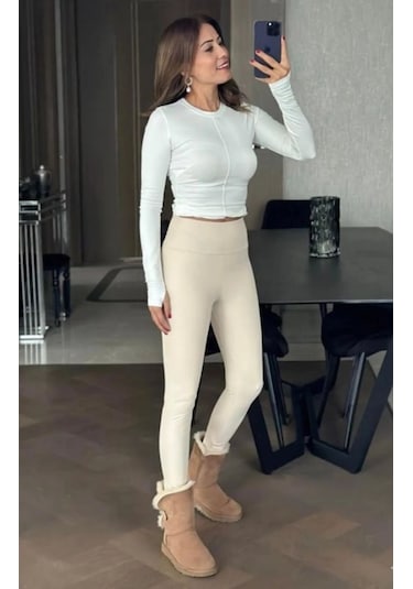 Supplierby Kadın Yüksek Bel Şardonlu Full Likralı Mat Deri Tayt Bej