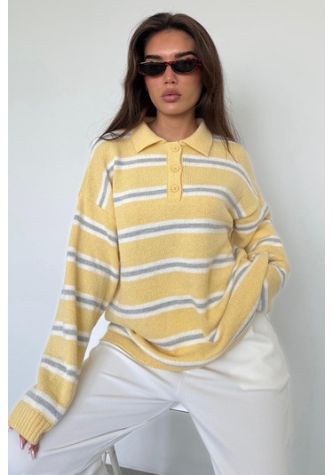 Sarı Polo Yaka Çizgili Kadın Triko Kazak Mg2469 Sarı