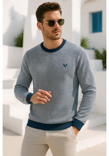 Rich Erkek Lacivert Kare Desenli Bisiklet Yaka Sweatshirt Lacivert