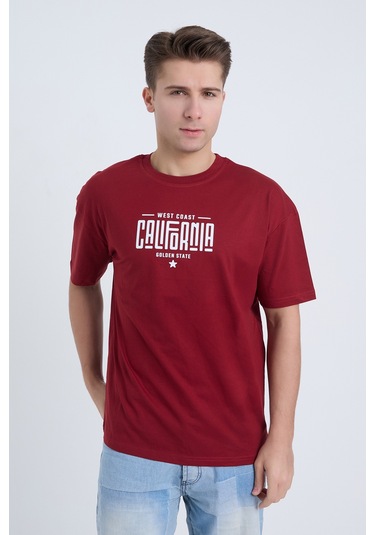 Erkek Oversize Baskılı T-shirt Bordo California Bordo