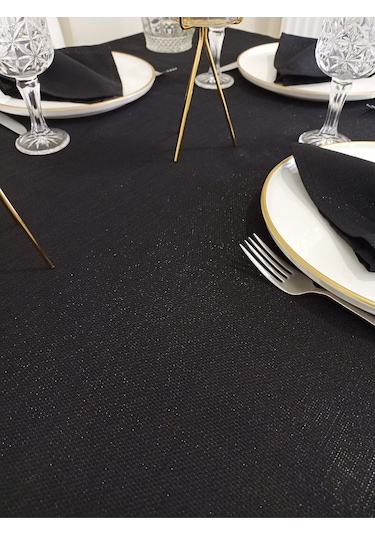 Etamin Dokulu Keten Görünümlü Dertsiz Masa Örtüsü Siyah