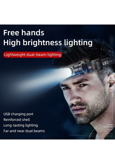 Usb Şarj Edilebilir Xpe + Cob Led Far Su Geçirmez El Feneri Acil Durum Işığı Açık Kamp Yürüyüş Balıkçılık İçin Araba Tamir Işığı Pil İle Siyah