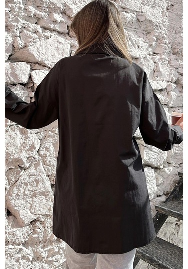 Kadın Siyah Terikoton Kumaş, Yırtmaçlı, Rahat Uzun Gömlek Siyah