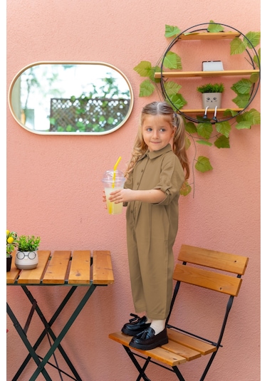 Oliventhekid Yakalı Pileli Kız Çocuk Tulum Kahverengi Kahverengi