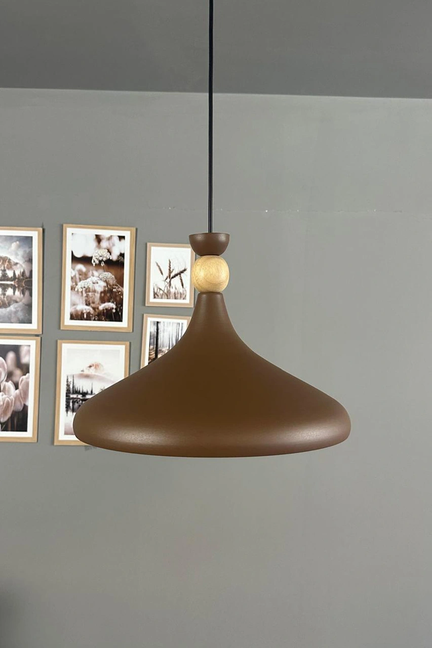 Sütlü Kahve Ahşap Şapka Tekli Avize Sarkıt Salon Mutfak Cafe Butik Lamba Aydınlatma Avizeler Sütlü Kahve