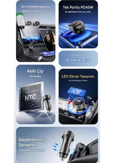 Essager 108w Araç Şarjı Type-c+usb Üç Giriş Hızlı Pd Ce Lisanslı