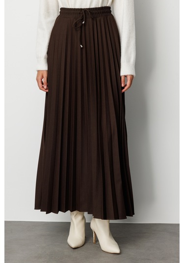 Mizalle Örme Krep Piliseli Maksi Kahverengi Etek Kahverengi