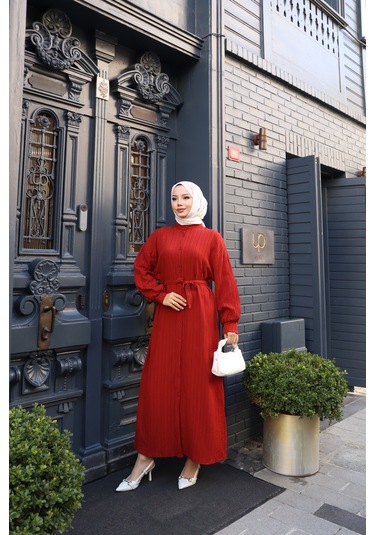 Kadın Kremit Boydan Düğmeli Yarasa Kol Kuşaklı Lara Keten Uzun Tesettür Elbise Kremit Kiremit