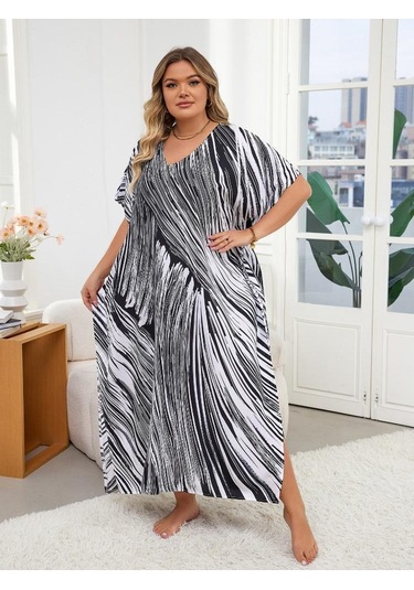 Edolynsa Siyah Çizgili Bol Kadın Kaftan Sabahlık Büyük Boy Ev Giyimi Rahat Giyim Yazlık Giyim Mayo Üst Kıyafet Q1594 Çok Renkli