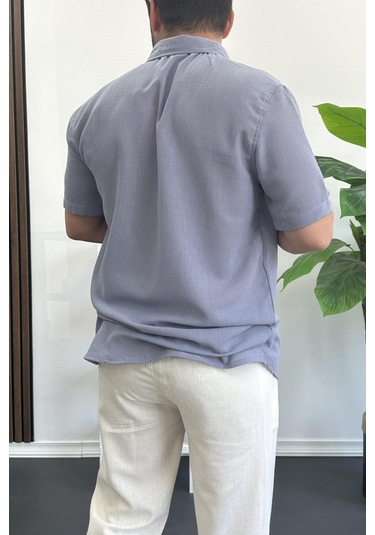 Erkek Kısa Kollu Keten Görünümlü Gömlek Mavi Edw389 Mavi