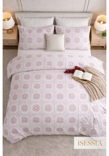 Mira Çift Kişilik Lastikli Çarşaflı Nevresim Takımı Beyaz - Çiçek - Motif
