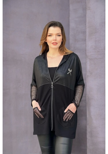 Kolları Ve Cepleri File Detaylı Ceket Siyah