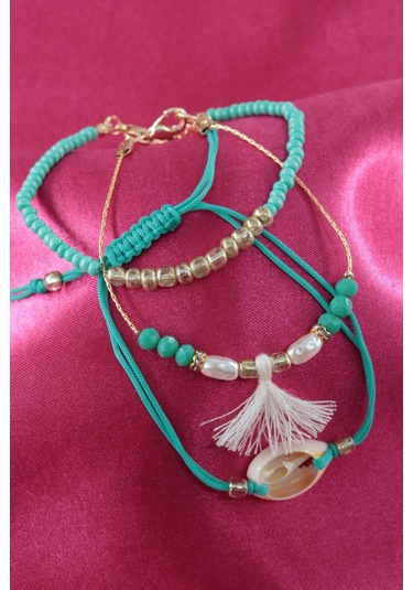 3lü Deniz Kabuklu İncili Püsküllü Asansörlü Lastikli Turkuaz İp Bileklik. Kadın İp Bileklik Halhal Çok Renkli