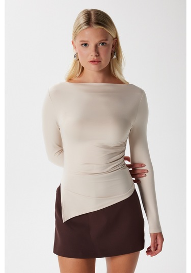 Kadın Most Poliamid Asimetrik Bej Uzun Kol Bluz Bej