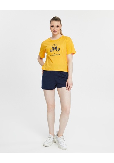 Bella Dossi Pamuklu Kısa Kollu Baskılı Kadın Şortlu Yazlık Pijama Takımı Sarı-lacivert Lacivert - Sarı