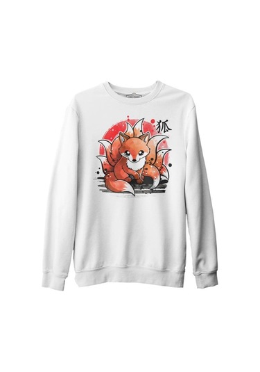 Japon - Kitsune Ay Beyaz Erkek Kalın Sweatshirt