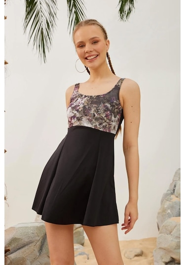 Şortlu Elbise Mayo Etekli Mayo Yüzücü Mayo S125-92 Siyah