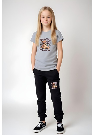 Fyk Kids Kız Çocuk Yuvarlak Yaka Baskılı Bearly Chillin Alt-üst Pijama Takımı Gri