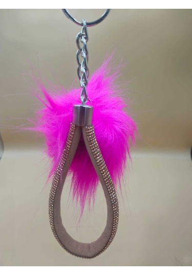 Camel Taşlı Tilki Tüyü Fuşya Angel Anahtarlık