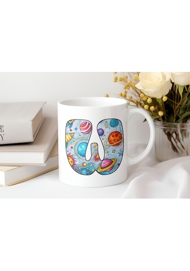 W Baş Harf Gezegen Desenli Kupa Bardak - Kişiye Özel Evren Temalı Kahve Çay Kupası - Gökyüzü Beyaz