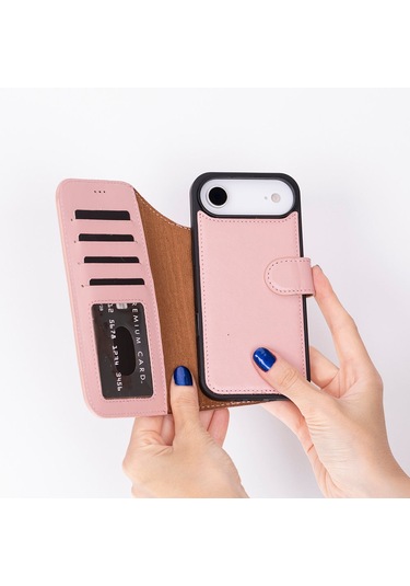 Bloomcase Magic Wallet Blush Hakiki Deri İphone Uyumlu 17 Air 6.5" Cüzdanlı Telefon Kılıfı Pembe
