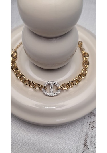 Uzel Çelik Gold Altın Renk Taşlı, Kalın Halka Detaylı Çelik Bileklik Gold