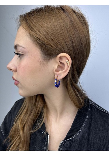 Lacivert Motifli, Halka Model, Paslanmaz Çelik Küpe 539, Kasa Altın Renk Altın