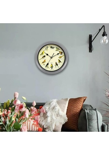 Pazly Suntek Ses Saati Pille Müzikal Kuşlar Gri-25cm Gri Duvar Çalışan 25cm Bz Çok Renkli