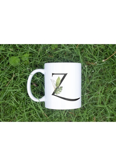 Z Harf Zarif Yaprak Desenli Kupa Bardak - Naturel Sade Alfabe Harfli Bardak - Kişiye Özel Hediye Beyaz