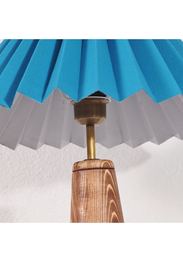 El Yapımı Asya Tarzı Pileli Başlıklı Ahşap Abajur Mavi