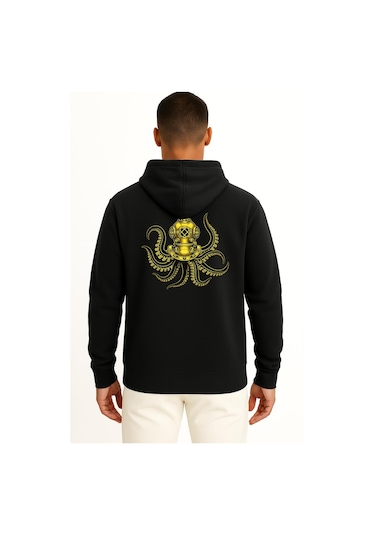 Bahriyeli Collection Kapüşonlu Steampunk Octopus Dalgıç Başlığı Cep Ve Sırt Baskılı Unisex Sweatshirt Siyah