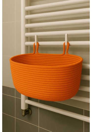 Dekoratif Askılı Banyo Sepeti 18 40 16 Cm Saklama Ve Düzenleyici Hasır Jüt Sepet Organizer El İşi Turuncu