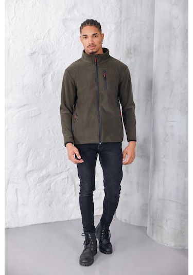 Monox Erkek Biyeli Fermuarlı Spor Polar Ceket Haki