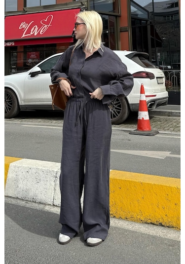 Madmext Füme Basic Kadın Gömlek Pantolon İkili Takım Mg2352 Füme