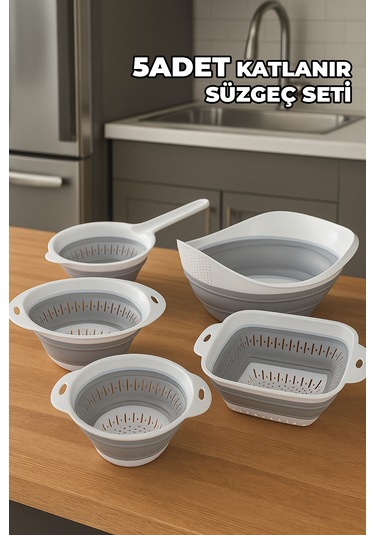 5'li Akordiyon Süzgeç Seti - Pirinç, Oval, Yuvarlak, Saplı, Kare Süzgeç - Katlanır Süzgeç Seti Beyaz - Gri