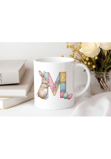 M Harfli Tavşan Kupa - Patchwork / Yamalı Desenli İsme Özel Kupa - Pastel Vintage Tarz Hediyelik 07 Beyaz