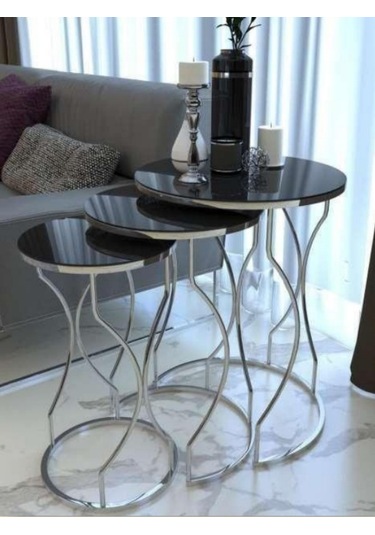 3'lü Rüya Zigon Sehpa Seti Gümüş Ayak Siyah Cam Gümüş - Siyah