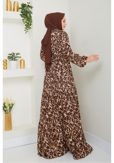 Sevil Yarım Düğmeli Dokuma Viskon Elbise 1504 - Acı Kahve Acı Kahverengi