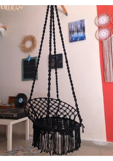 Makrome Özel Örgü Burgu Halatlı Siyah Salıncak Hamak Siyah