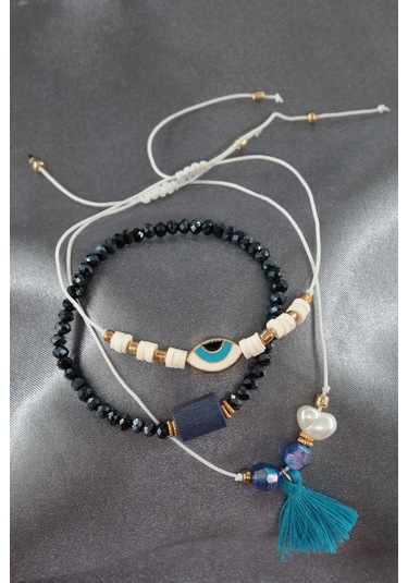 3lü Püsküllü İncili Nazar Boncuklu Asansörlü Bileklik. Lastikli Boncuklu Bileklik. Kadın İp Bileklik Çok Renkli