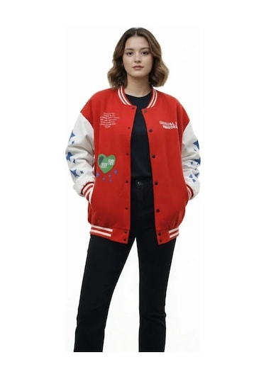 Kırmızı Varsity Çıtçıtlı Baskılı Oversize Kalıp Kolej Ceket - Kırmızı Kırmızı