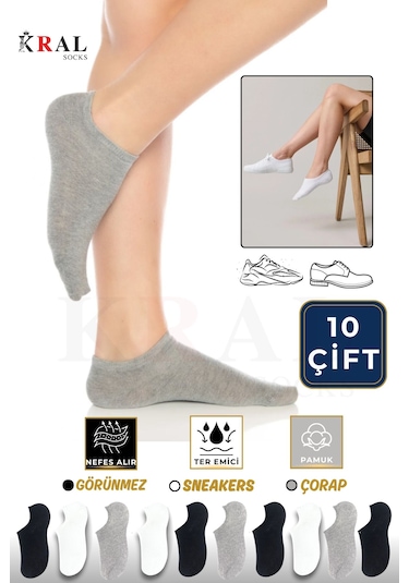 Kral Socks Kadın - Erkek Pamuklu Terletmez 10'lu - 10 Çift Yazlık Görünmez Çorap Asorti