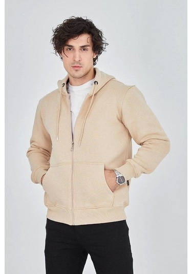 Erkek Kapüşonlu Düz Fermuarlı Hırka - Bej Bej