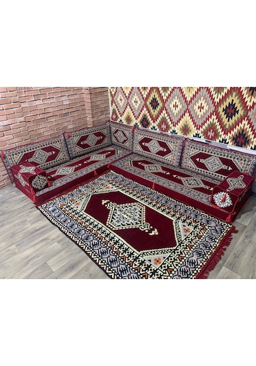 Coton Şark Köşesi Minderi Saraylı Desenli Bordo Konsept 10 Parça