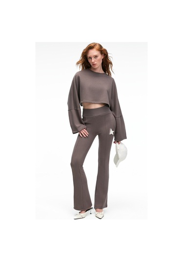 ANOUK Kadın Pamuklu Baskı Ve Patch Detaylı Bisiklet Yaka Crop Antrasit Sweatshirt